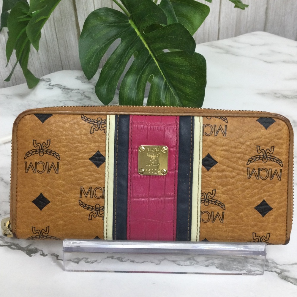 GUC MCM Leather Zip-Around Wallet in Cognac with Pink Stripe